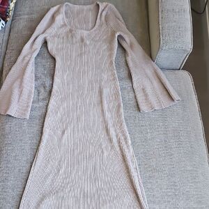 Elegant Beige Ribbed Knit Dress